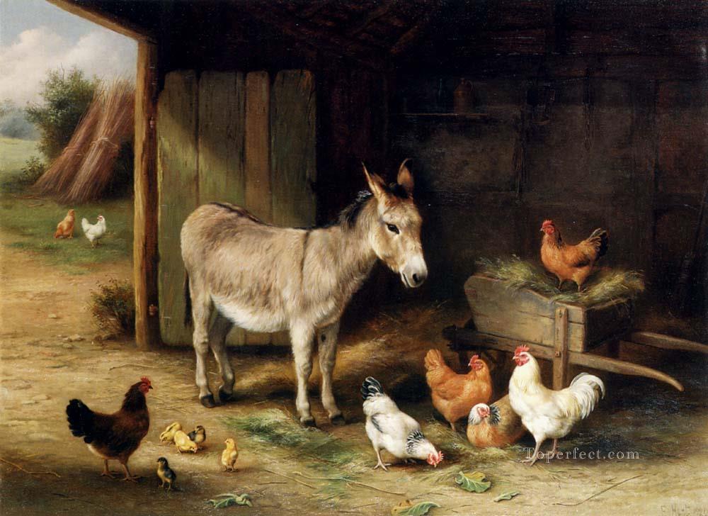 Donkey Hens And Chickens In A Barn farm animals Edgar Hunt Oil Paintings